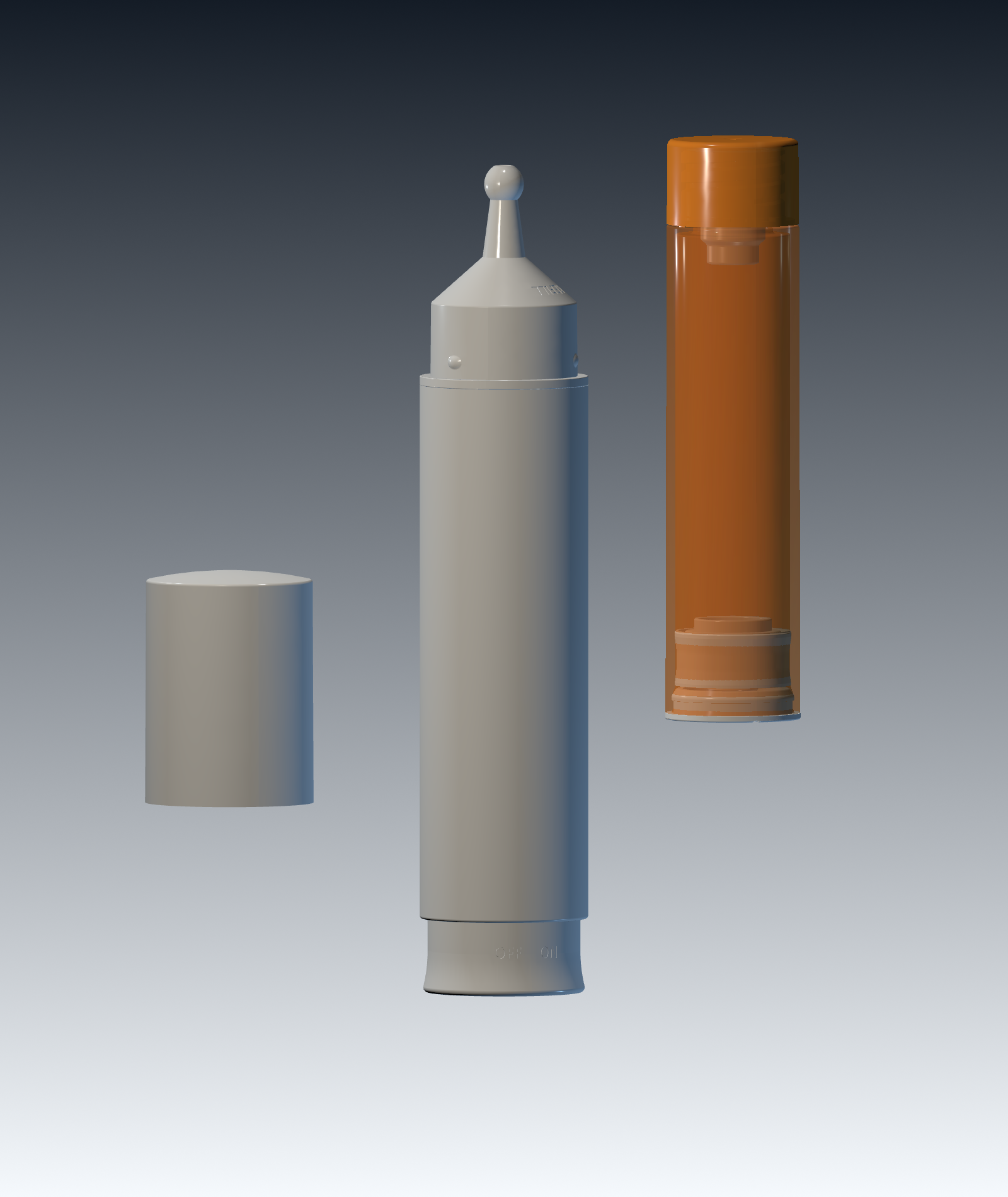 MEGEE 221 Series airless applicator and refill cartridge rendered from the supplied STEP model